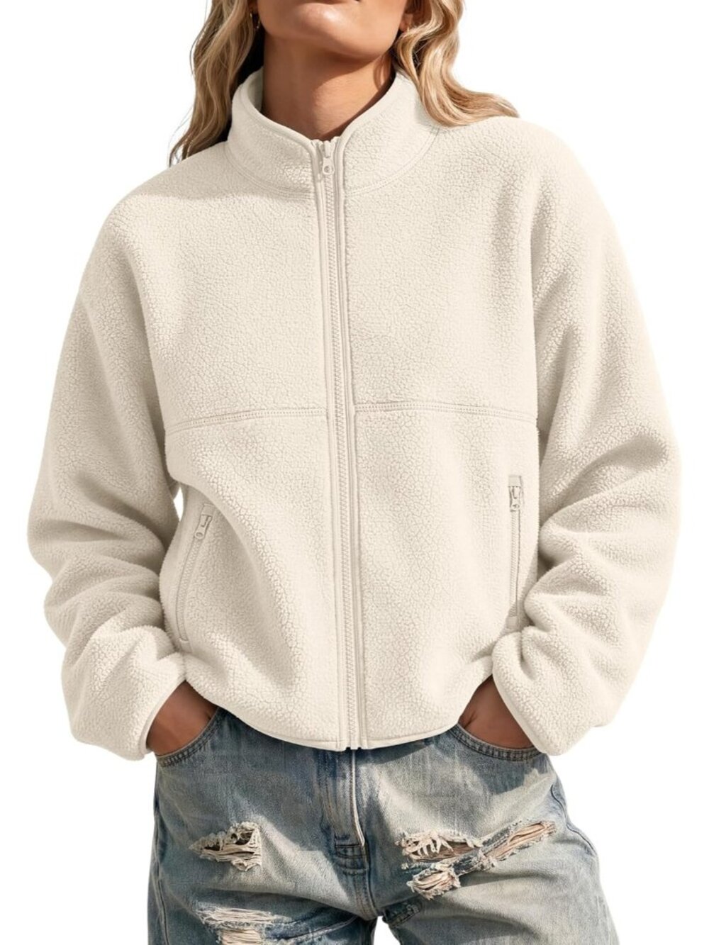 Womens Beige Fleece Mock Neck Cuff Sleeve Zipper Pockets Classic Sherpa Jackets